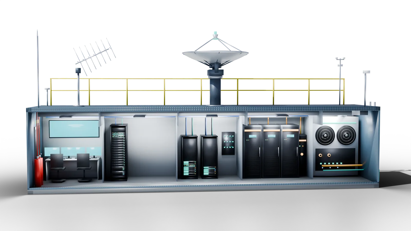 Render of Unit 001 · POC with the side cut away: the NOC, compute, RF, power and HVAC + I/O bays, with the dish, yagi, guard rail and masts on the roof.