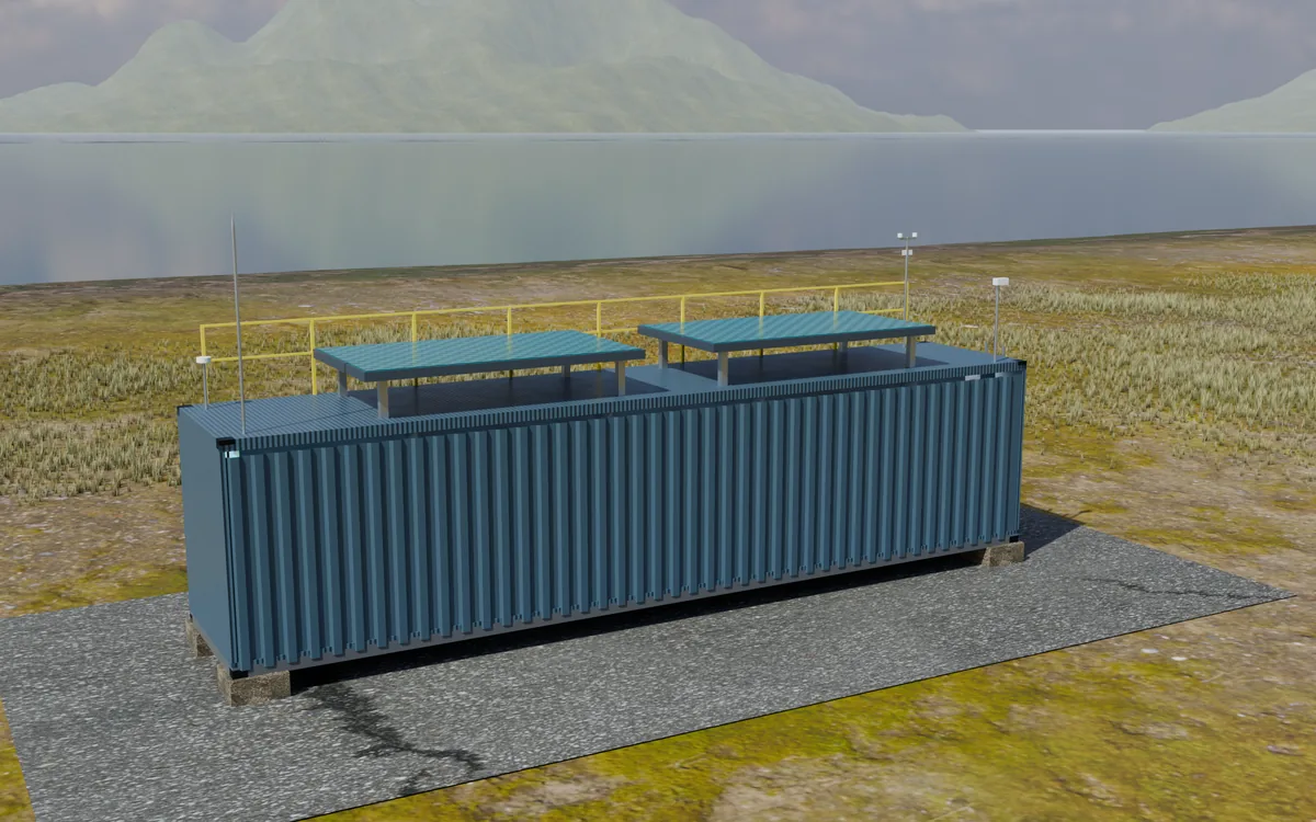 Render of the Core unit: a 40 ft container with phased-array panels on the roof.