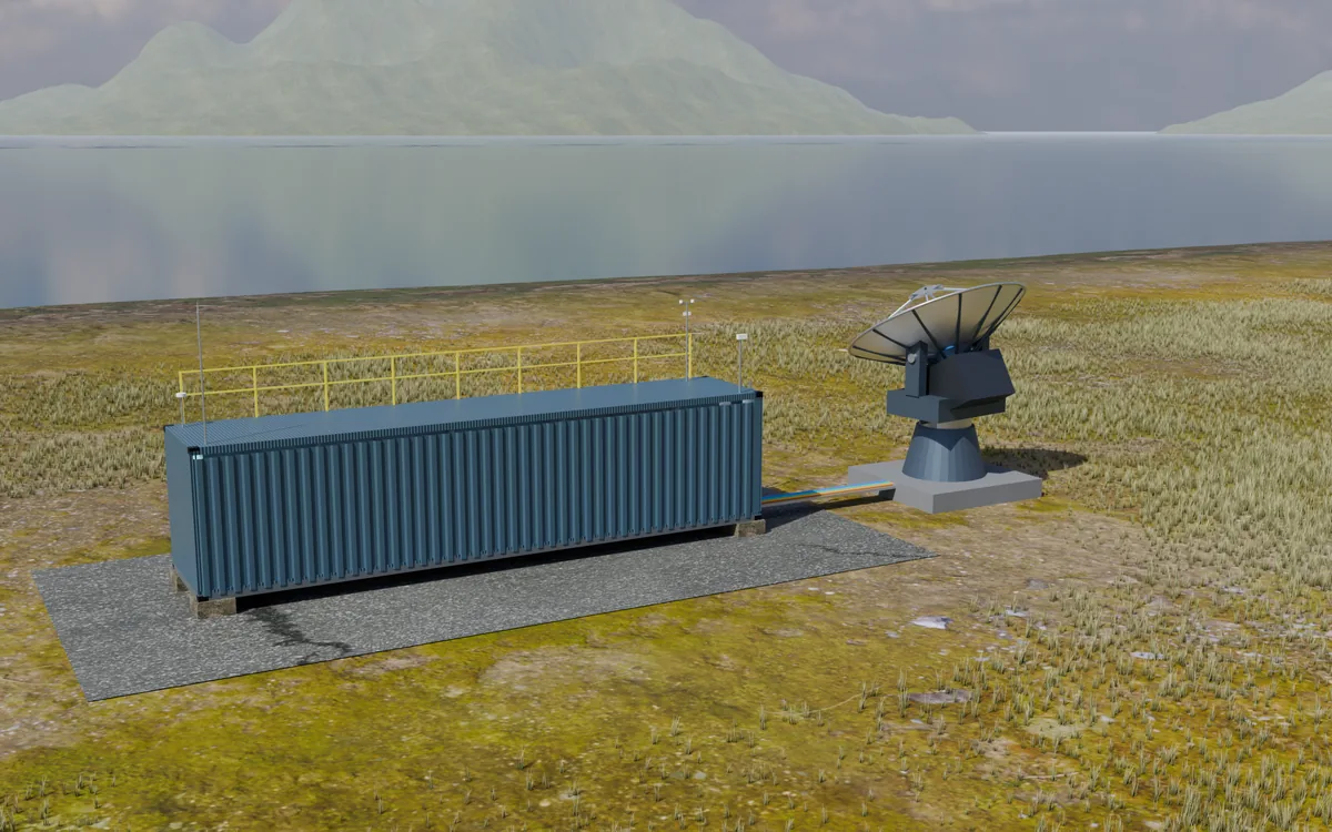 Render of GEO/MEO 4.5 m: a 40 ft container beside a ground-mounted 4.5 m dish.