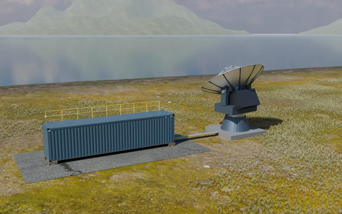 Render of GEO/MEO 7.3 m: a 40 ft container beside a ground-mounted 7.3 m dish.