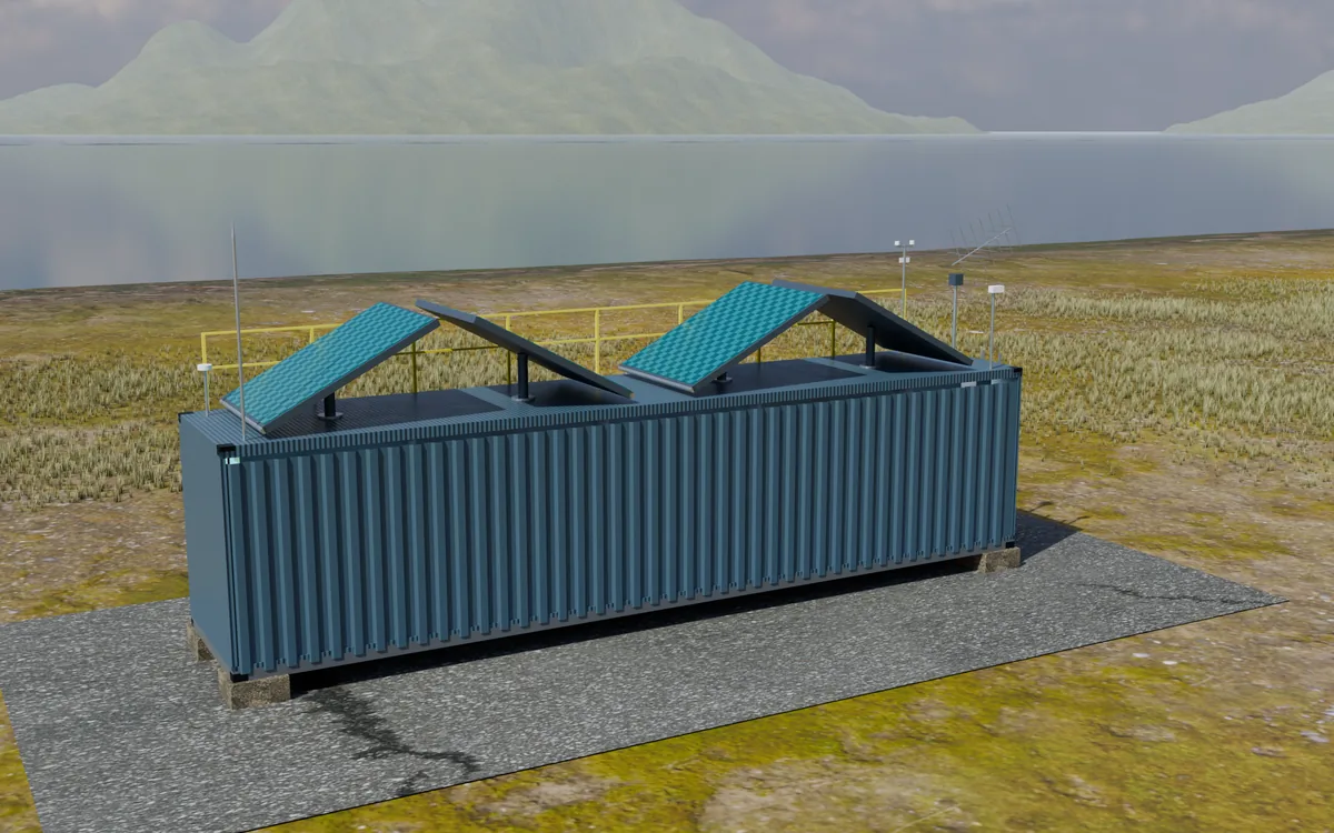 Render of Max satellites: a 40 ft container with tilted phased-array panels and a yagi on the roof.