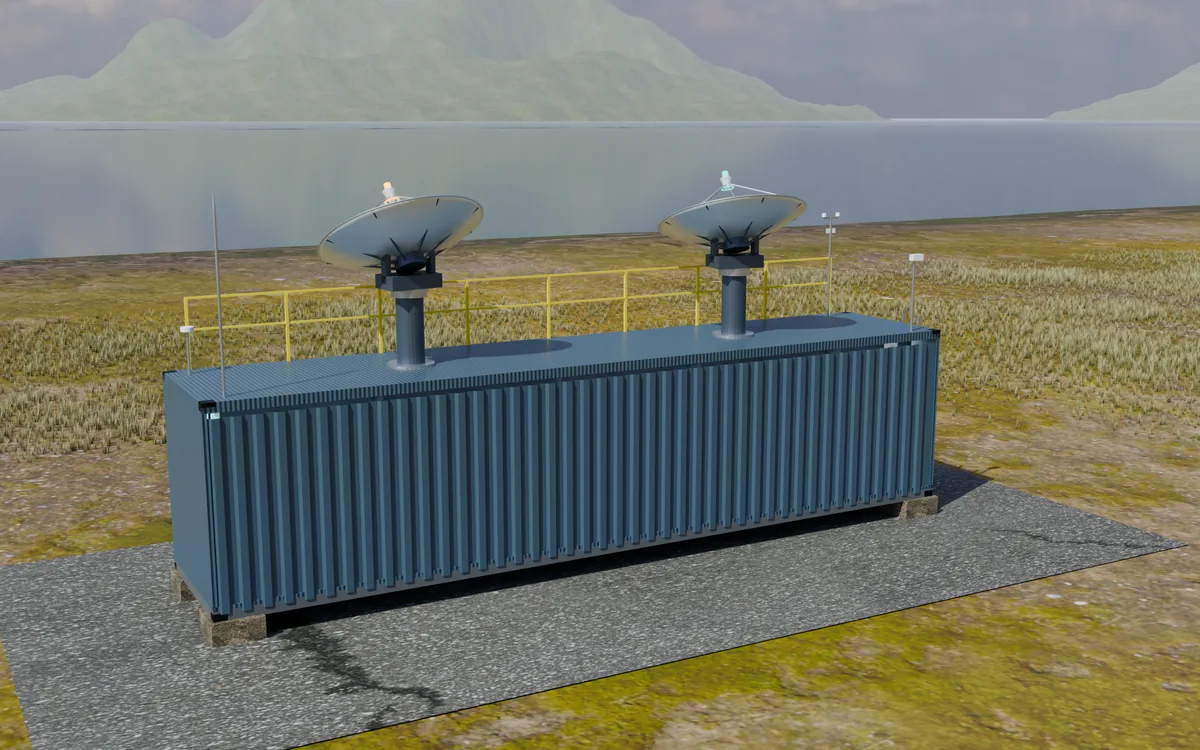 Render of Max throughput: a 40 ft container with two dishes on the roof.