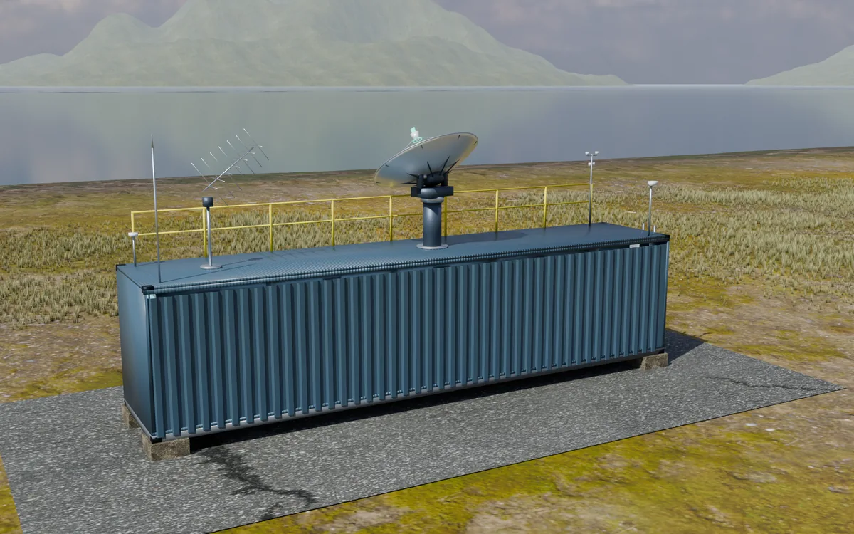 Render of Unit 001 · POC: a 40 ft container with a tracking dish and a crossed yagi on the roof, on a concrete pad by the sea.