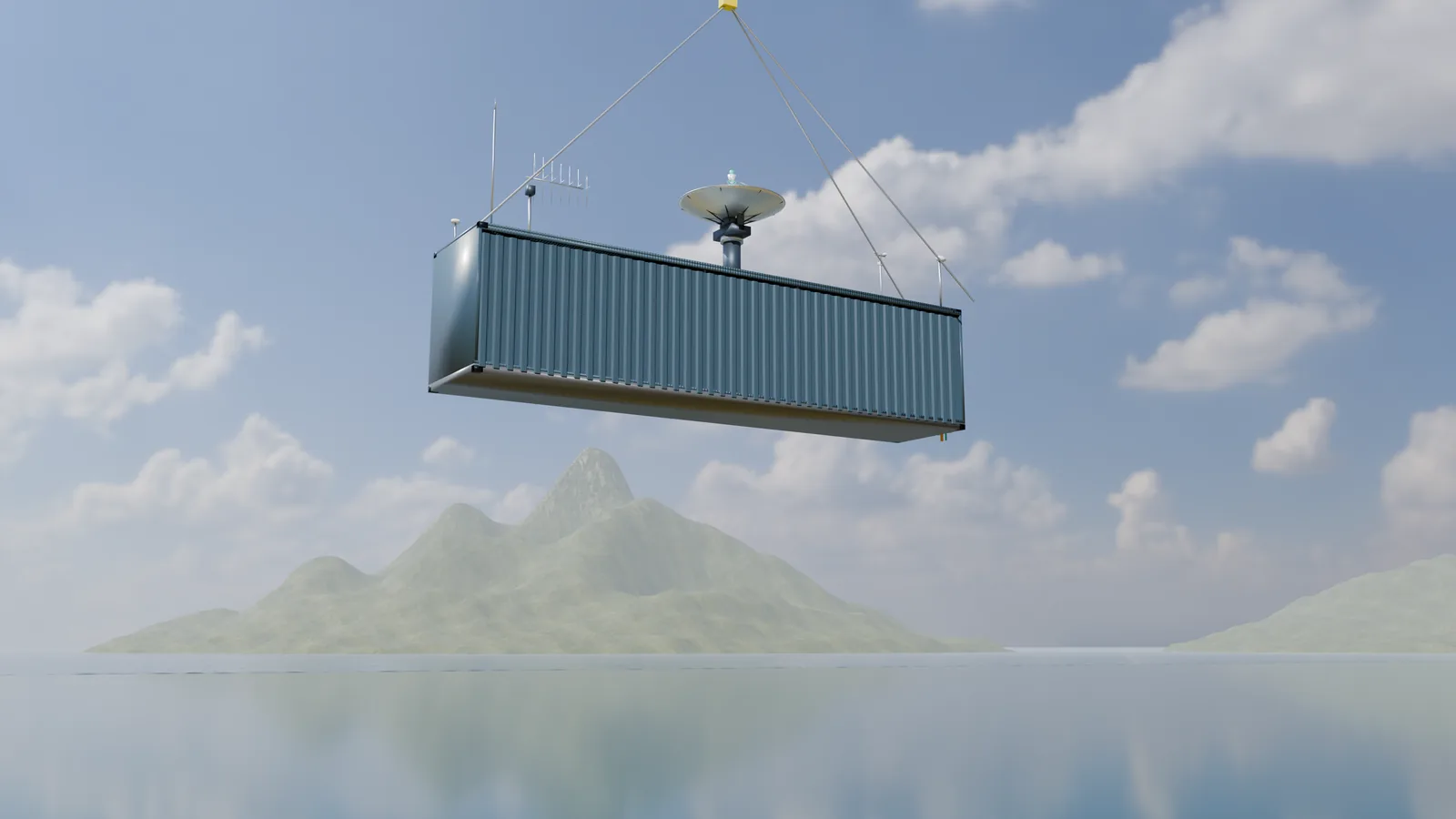 Render of a Mobile Ground Station container lifted by crane above a coastline, with its dish and antennas on the roof.