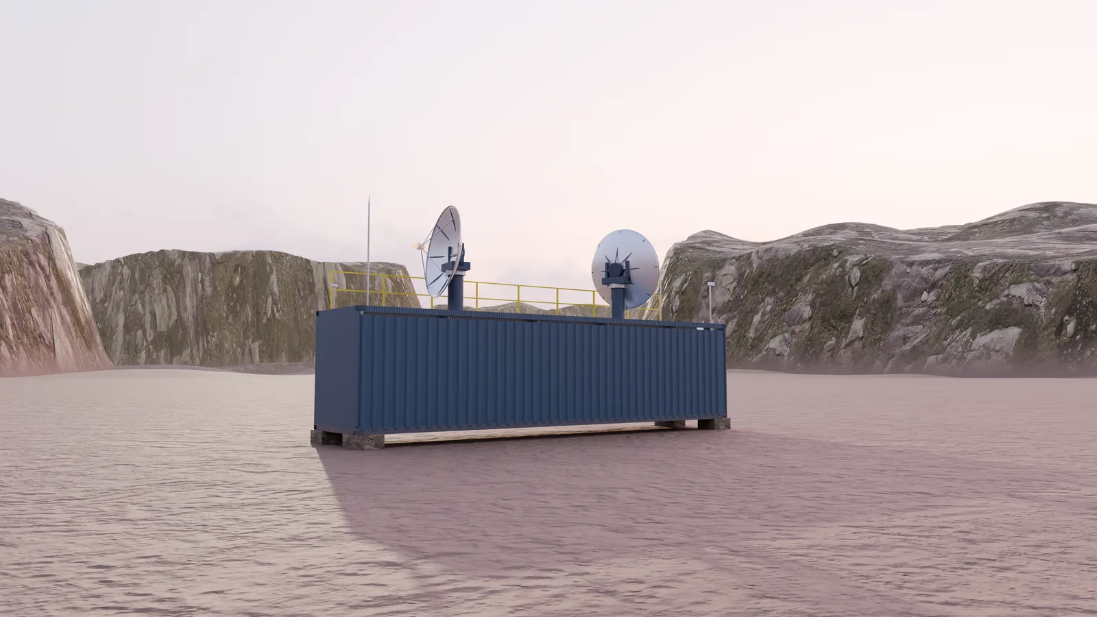 Render of a Mobile Ground Station with two roof dishes in a desert canyon.