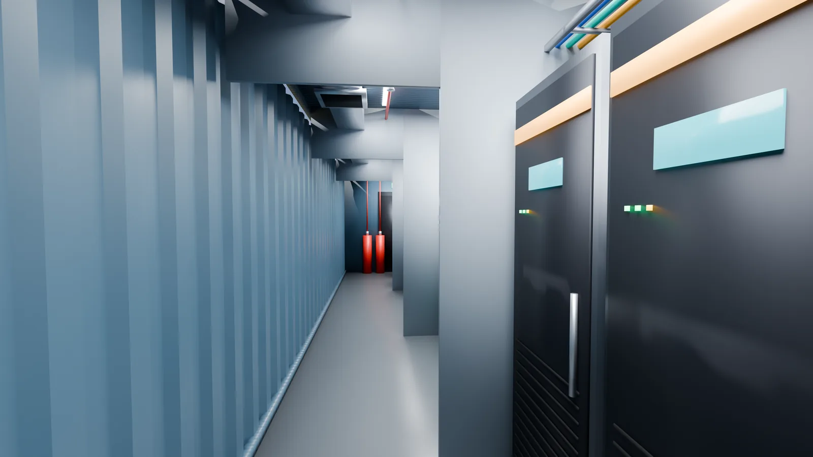Render inside the container: the aisle past the power cabinets, with cable trays overhead and fire-suppression cylinders at the far end.