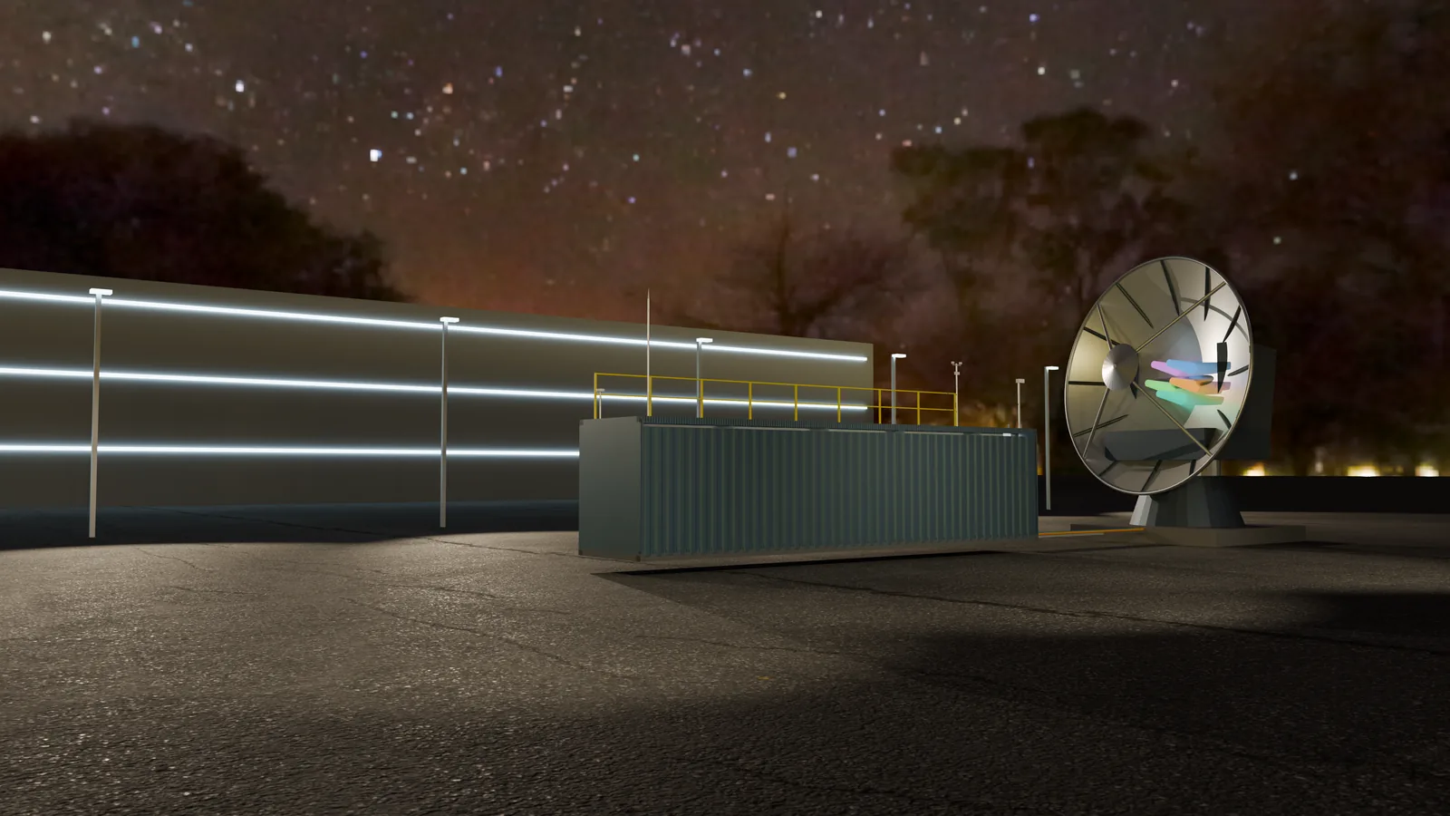 Render of a Mobile Ground Station at night beside a ground-mounted dish and a lit building.