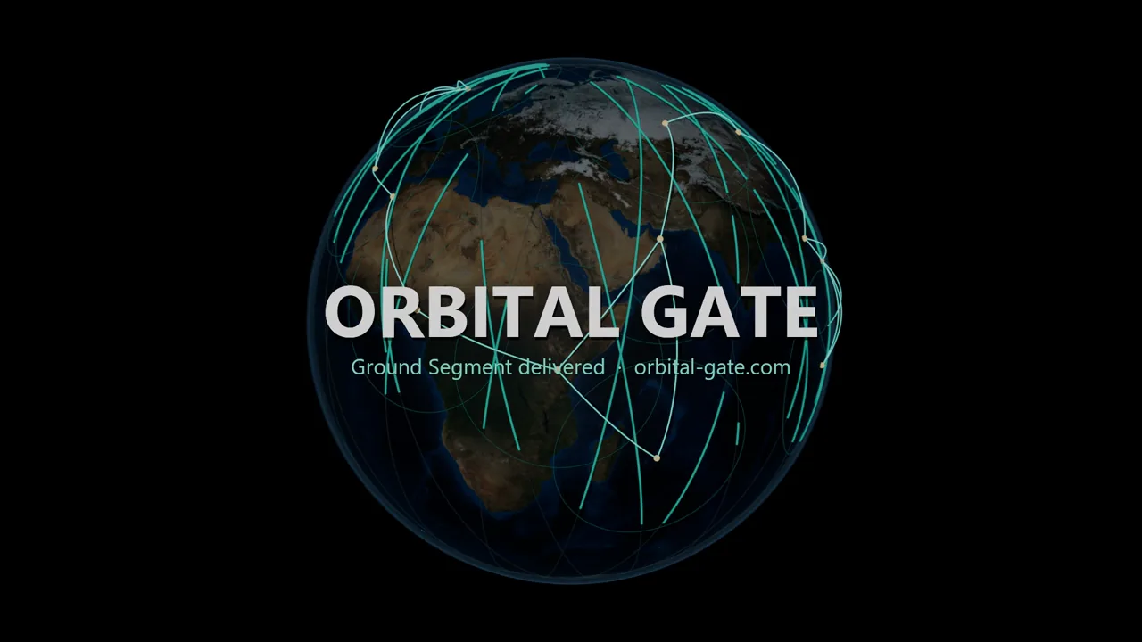 Orbital Gate title over a globe crossed by satellite passes between ground stations.