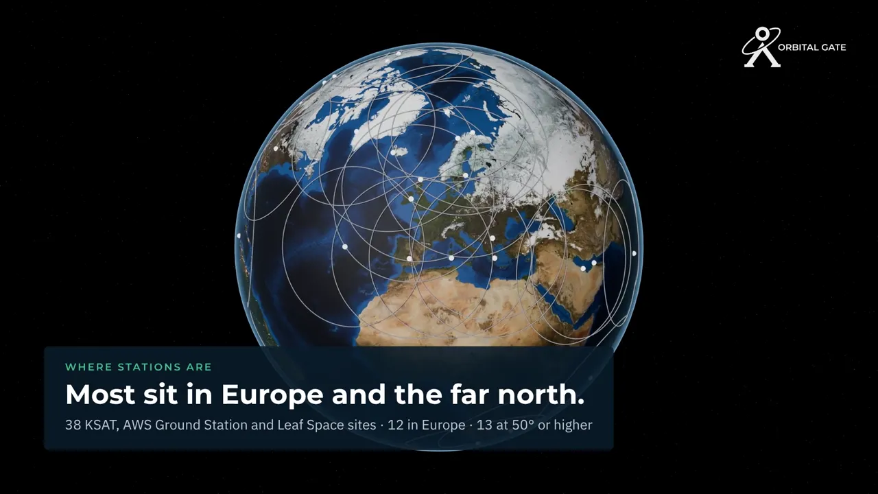 Globe with today's ground stations clustered in Europe and the far north, the opening of the packages film.